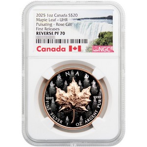 2025 Canada Silver Maple Leaf 1oz UHR Pulsating Rose Gilt FR NGC REV PF70 Niagara Falls Label