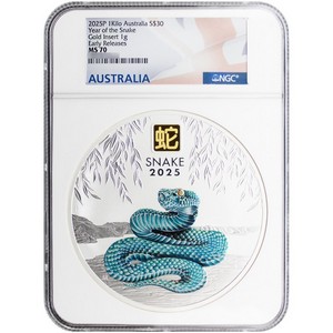 2025 P Australia Silver Year of the Snake Lunar Series III Kilo Colorized Coin With Gold Privy Mark MS70 ER NGC Australia Flag Label 2025 P Australia Silver Year of the Snake Lunar Series III Kilo Colorized Coin With Gold Privy Mark MS70 ER NGC Australia Flag Label