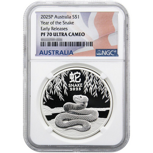 2025 P Australia Silver Year of the Snake 1oz Coin PF70 UC ER NGC Flag Label 2025 P Australia Silver Year of the Snake 1oz Coin PF70 UC ER NGC Flag Label