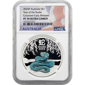 2025 P Australia Silver Year of the Snake 1oz Colorized Coin PF70 UC ER NGC Flag Label 2025 P Australia Silver Year of the Snake 1oz Colorized Coin PF70 UC ER NGC Flag Label