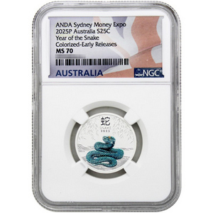 2025 P Australia Silver Year of the Snake 1/4oz Colorized Coin MS70 ER NGC Flag Label 2025 P Australia Silver Year of the Snake 1/4oz Colorized Coin MS70 ER NGC Flag Label