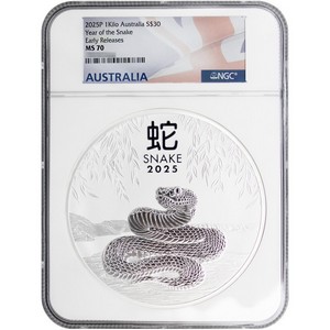 2025 P Australia Silver Year of the Snake Kilo Coin MS70 ER NGC Flag Label 2025 P Australia Silver Year of the Snake Kilo Coin MS70 ER NGC Flag Label