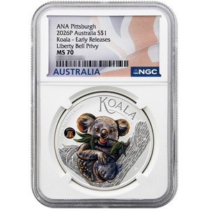 2026 P $1 Australia 1oz Silver Koala ANA World's Fair of Money Special with Liberty Bell Privy NGC MS70 ER Australia Flag Label