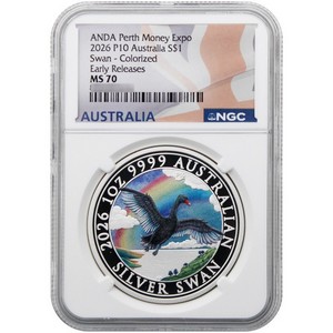 2026 P10 $1 Australia 1oz Colorized Silver Swan Perth Mint ANDA Show Special NGC MS70 ER Australia Flag Label 2026 P10 $1 Australia 1oz Colorized Silver Swan Perth Mint ANDA Show Special NGC MS70 ER Australia Flag Label
