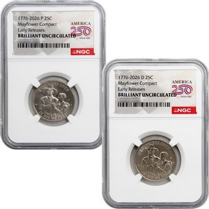 2026 P & D Semiuincentennial Quarters Mayflower Compact 2pc Set ER NGC BU America 250 Label 2026 P & D Semiuincentennial Quarters Mayflower Compact 2pc Set ER NGC BU America 250 Label