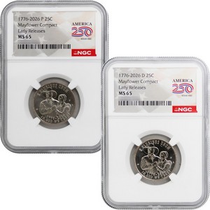 2026 P & D Semiuincentennial Quarters Mayflower Compact 2pc Set MS65 ER NGC America 250 Label 2026 P & D Semiuincentennial Quarters Mayflower Compact 2pc Set MS65 ER NGC America 250 Label
