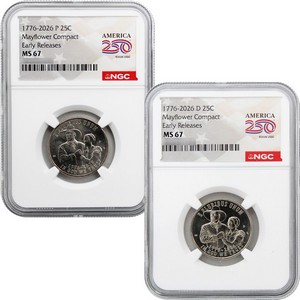 2026 P & D Semiuincentennial Quarters Mayflower Compact 2pc Set MS67 ER NGC America 250 Label