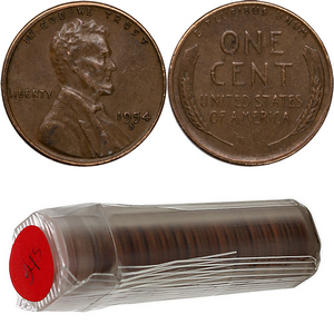 1954 S Lincoln Wheat Cent Roll 50 Coins in BU Condition 1954 S Lincoln Wheat Cent Roll 50 Coins in BU Condition