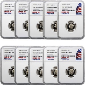 2000 - 2009 Roosevelt Dime Set PF69 UC NGC Made in The USA Label 2000 - 2009 Roosevelt Dime Set PF69 UC NGC Made in The USA Label