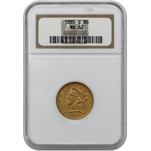1885 S $5 Gold Liberty MS62 NGC Brown Label