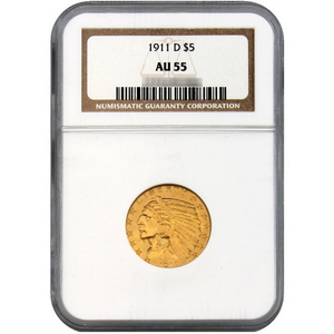 1911 D $5 Gold Indian AU55 NGC Brown Label