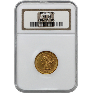 1887 S $5 Gold Liberty MS62 NGC Brown Label