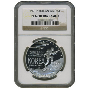 1991 P Korean War Silver Dollar PF69 UC NGC Brown Label