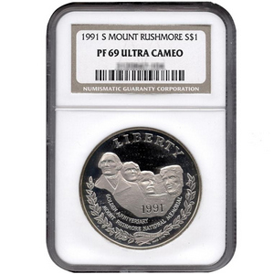 1991 S Mount Rushmore Silver Dollar PF69 UC NGC Brown Label
