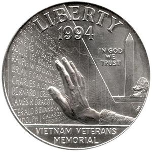 1994 W Vietnam Veterans Memorial Veterans Silver Dollar BU