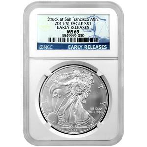 2011 S Silver American Eagle Struck at San Francisco Mint MS69 ER NGC Blue Label 2011 S Silver American Eagle Struck at San Francisco Mint MS69 ER NGC Blue Label