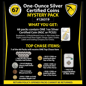 One-Ounce Certified Silver Coin Mystery Pack #126319 | NGC & PCGS Certified Silver Coins with Gold Chase Items
