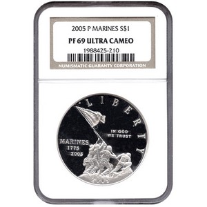 2005 P Marine Corps 230th Anniversary Silver Dollar PF69 UC NGC Brown Label
