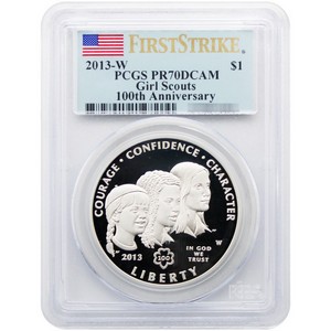 2013 W Girl Scouts Silver Dollar PR70 DCAM FS PCGS Flag Label