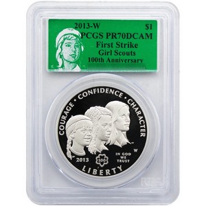 2013 W Girl Scouts Silver Dollar PR70 DCAM FS PCGS Green Girl Scouts Label