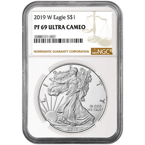 2019 W Silver American Eagle Coin PF69 UC NGC Brown Label 2019 W Silver American Eagle Coin PF69 UC NGC Brown Label