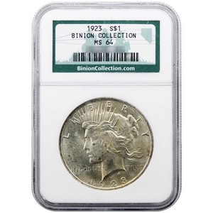 1923 Peace Silver Dollar MS64 NGC Binion Collection Label