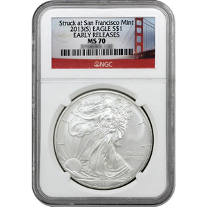 2013 S Silver American Eagle Struck at San Francisco Mint MS70 ER NGC Bridge Label