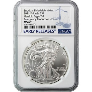 2021 (P) Silver American Eagle Type 1 Heraldic Eagle Emergency Production MS69 ER NGC Blue Label 2021 (P) Silver American Eagle Type 1 Heraldic Eagle Emergency Production MS69 ER NGC Blue Label