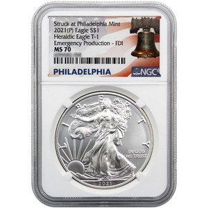 2021 (P) Silver American Eagle Type 1 Heraldic Eagle Emergency Production MS70 FDI NGC Liberty Bell Labell 2021 (P) Silver American Eagle Type 1 Heraldic Eagle Emergency Production MS70 FDI NGC Liberty Bell Labell