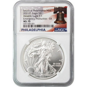 2021 (P) Silver American Eagle Type 1 Heraldic Eagle Emergency Production MS70 ER NGC Liberty Bell Label 2021 (P) Silver American Eagle Type 1 Heraldic Eagle Emergency Production MS70 ER NGC Liberty Bell Label