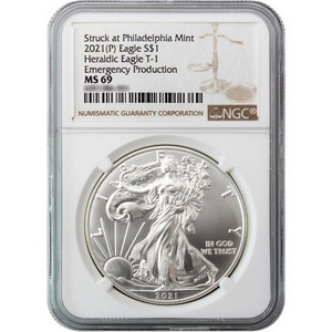 2021 (P) Silver American Eagle Type 1 Heraldic Eagle Emergency Production MS69 NGC Brown Label 2021 (P) Silver American Eagle Type 1 Heraldic Eagle Emergency Production MS69 NGC Brown Label