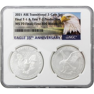 2021 Silver American Eagle Type 1 Heraldic Eagle & Type 2 Landing Eagle MS70 NGC Multiholder Transitional Eagle Label
