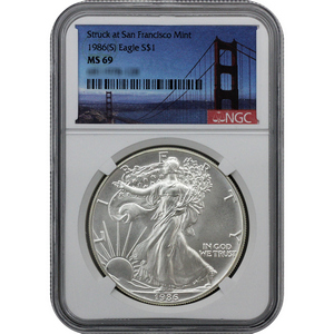 1986 (S) Silver American Eagle MS69 NGC Struck at San Francisco Bridge Label