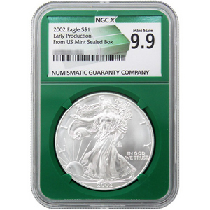 2002 Silver American Eagle MS9.9 Early Production NGCX Green Core