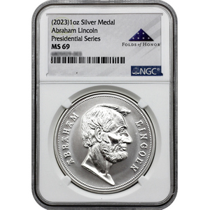 (2023) Abraham Lincoln Presidential Silver Medal MS69 NGC Folds of Honor Label (2023) Abraham Lincoln Presidential Silver Medal MS69 NGC Folds of Honor Label