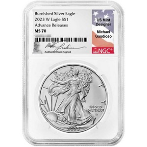 2023 W Burnished Silver American Eagle MS70 AR NGC Michael Gaudioso Signed