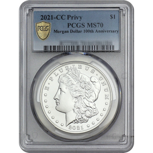 2021 Morgan Silver Dollar with 'CC' Privy Mint Mark MS70 PCGS Centennial Blue Label 2021 Morgan Silver Dollar with 'CC' Privy Mint Mark MS70 PCGS Centennial Blue Label