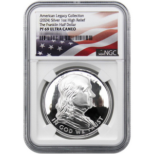 (2024) The Franklin Half Dollar American Legacy Collection 1oz Silver High Relief PF69 UC NGC Flag Label (2024) The Franklin Half Dollar American Legacy Collection 1oz Silver High Relief PF69 UC NGC Flag Label