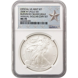 2008 W Burnished American Silver Eagle from the Annual Dollar Set MS70 NGC Silver Star Label 2008 W Burnished American Silver Eagle from the Annual Dollar Set MS70 NGC Silver Star Label