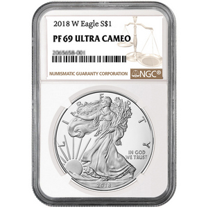 2018 W Silver American Eagle Coin PF69 UC NGC Brown Label 2018 W Silver American Eagle Coin PF69 UC NGC Brown Label