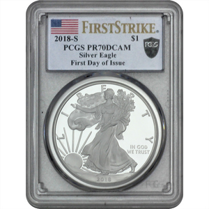 2018 S Silver American Eagle Coin PR70 FDI DCAM PCGS Shield Label 2018 S Silver American Eagle Coin PR70 FDI DCAM PCGS Shield Label