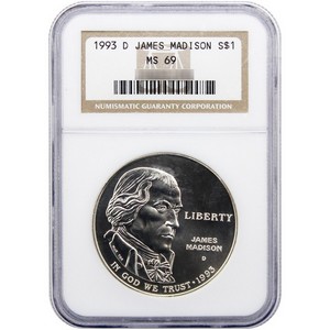 1993 D James Madison Bill of Rights Silver Dollar MS69 NGC Brown Label