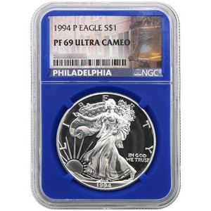 1994 Silver American Eagle PF69 UC NGC Blue Core Liberty Bell 1994 Silver American Eagle PF69 UC NGC Blue Core Liberty Bell
