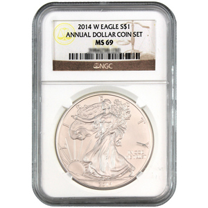 2014 W Silver American Eagle MS69 NGC Brown Annual Dollar Coin Set Label
