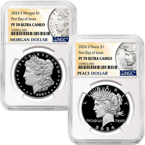 2024 S Morgan and Peace Silver Dollar Set PF70 UC FDI NGC Morgan Peace Dollar Label 2024 S Morgan and Peace Silver Dollar Set PF70 UC FDI NGC Morgan Peace Dollar Label