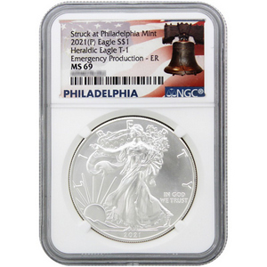 2021 (P) Silver American Eagle Type 1 Heraldic Eagle Emergency Production MS69 ER NGC Liberty Bell Label 2021 (P) Silver American Eagle Type 1 Heraldic Eagle Emergency Production MS69 ER NGC Liberty Bell Label