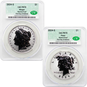 2024 S Morgan and Peace Silver Dollar Set Rev PR70 CAC Green label 2024 S Morgan and Peace Silver Dollar Set Rev PR70 CAC Green label