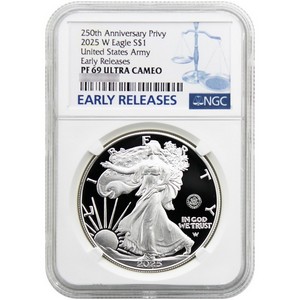 2025 W Silver American Eagle 250th US Army Privy Coin PF69 UC ER NGC Blue label 2025 W Silver American Eagle 250th US Army Privy Coin PF69 UC ER NGC Blue label