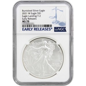 2021 W Burnished Type 2 Silver American Eagle MS70 ER NGC Blue Label