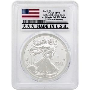 1776-2026 W Enhanced Uncirculated Silver Eagle 250th Anniversary Liberty Bell Privy PCGS SP70 Made in USA Holder 1776-2026 W Enhanced Uncirculated Silver Eagle 250th Anniversary Liberty Bell Privy PCGS SP70 Made in USA Holder